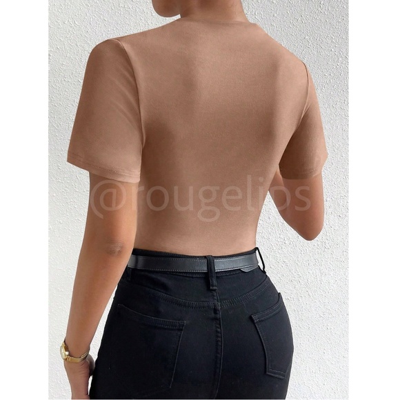 Ruched Tan Asymmetrical Short Sleeve Bodysuit  Stretchy - Picture 6 of 10